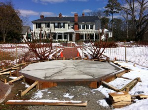 DURING Construction: The new concrete pad that will form the base for the new summer house in front of Bloemendaal House in the Grace Arents Garden. 