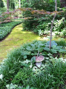 Peaceful mossy path bordered by shade perennials and accented by garden ornaments such as this sundial.