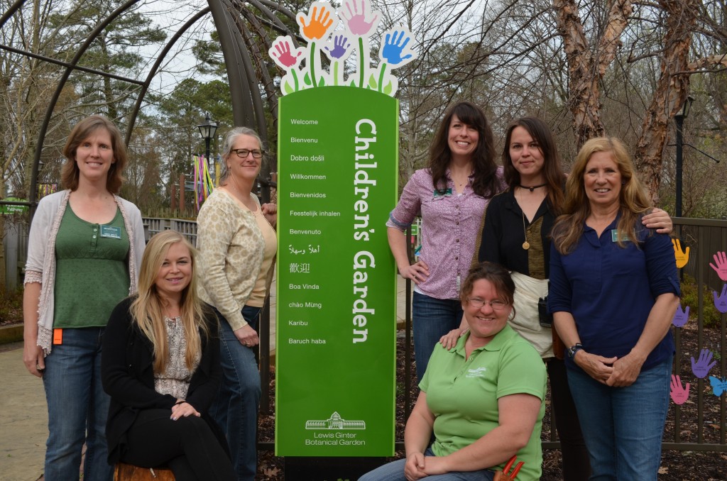 The Children's Garden Staff, left to right, Kristi Orcutt, Katelyn Coyle, Kelly Riley, Kristin Mullens, Heather Veneziano (sitting) Nicki,  and Dawn Lipscomb. 