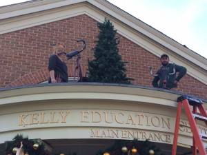 setting up reindeer bikes on the Kelly Education Center.