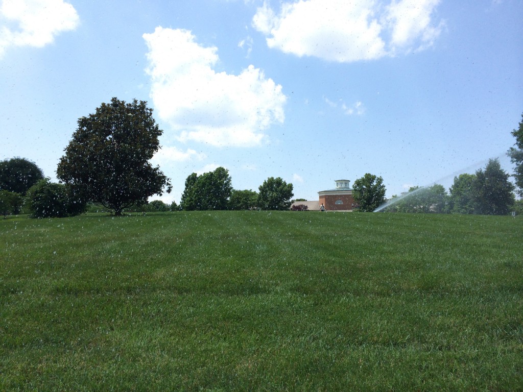 sprinklers running on the grass at Lewis Ginter Botanical Garden