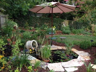 Backyard water garden; umbrella's shade lessens algae growth. 