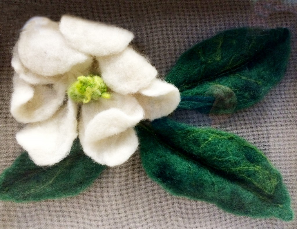 art by Gail Goodrich Harwood - a Magnolia grandiflora made of wool felt in white and green.