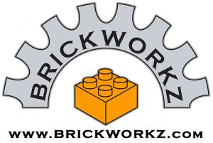 Brickworkz logo, featuring an orage LEGO brick.
