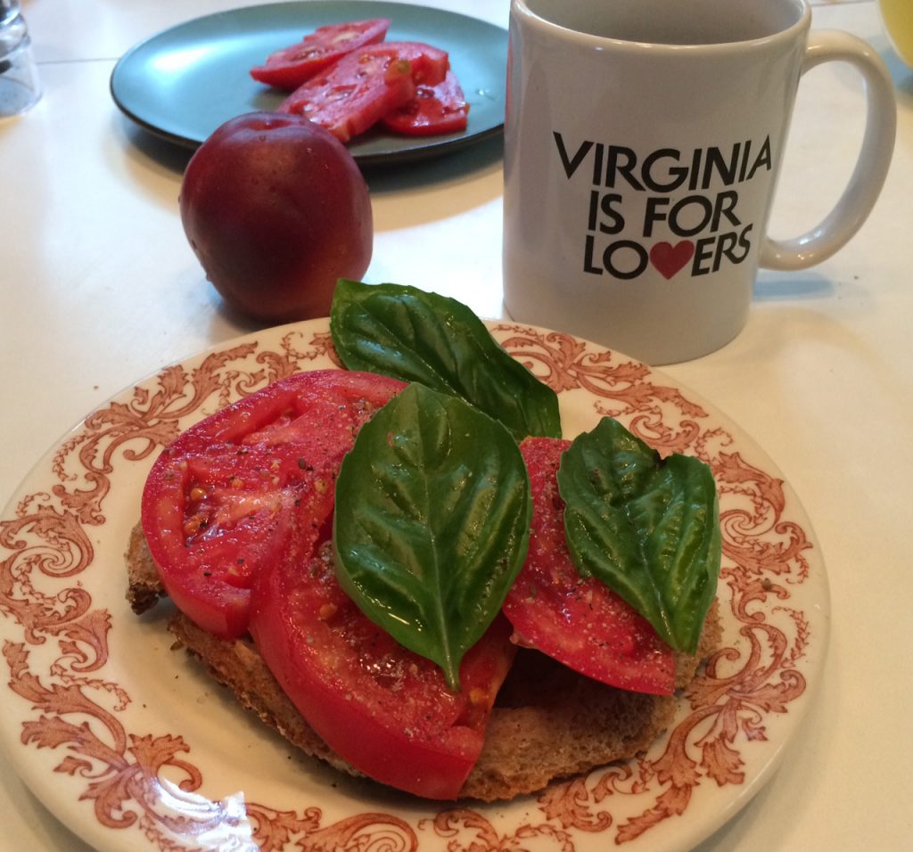 Tomato sandwich fresh from the garden, with basil. Photo by Jonah Holland.