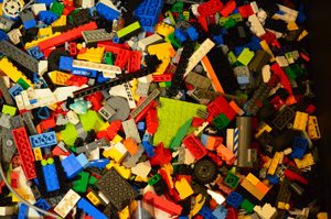 bucket of donated lego bricks