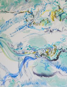 An abstract painting of the roaring James River. Brushstrokes mimic the fluidity and turbulence of the river.