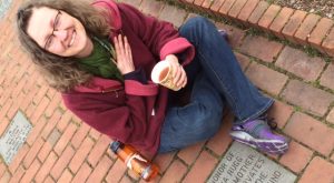 Katy Rugg and the paver she dedicated to her mom at Lewis Ginter.