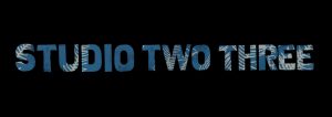 Studio Two Three logo in all caps on a black blackground. Text has the image of a blue and white cyanotype of algae.