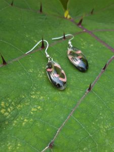 Pink Cattleheart butterfly wing earrings displayed on thorn bearing leaf.