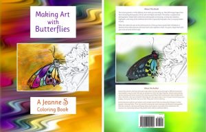 Covers of butterfly coloring book show varying stages of color versus black and white
