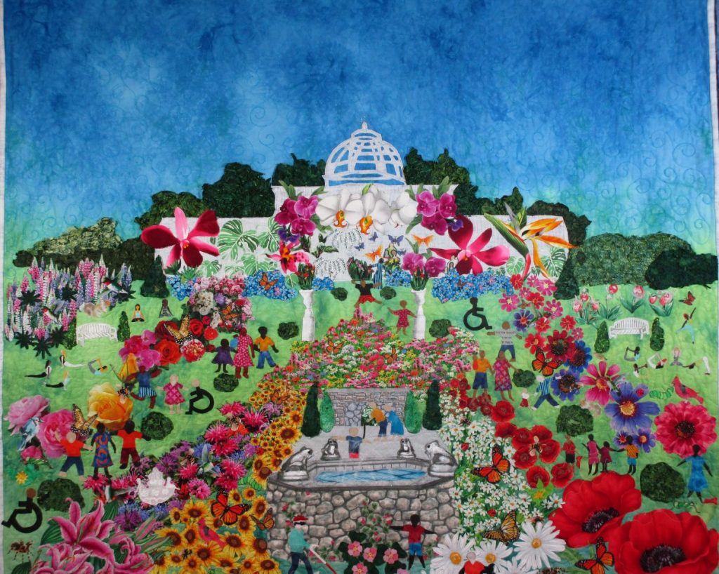 A colorful and artist quilt of Lewis Ginter Botanical Garden, part of our artisans display.