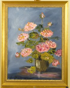 Louise Cochrane Art Auction painting of pink flowers.