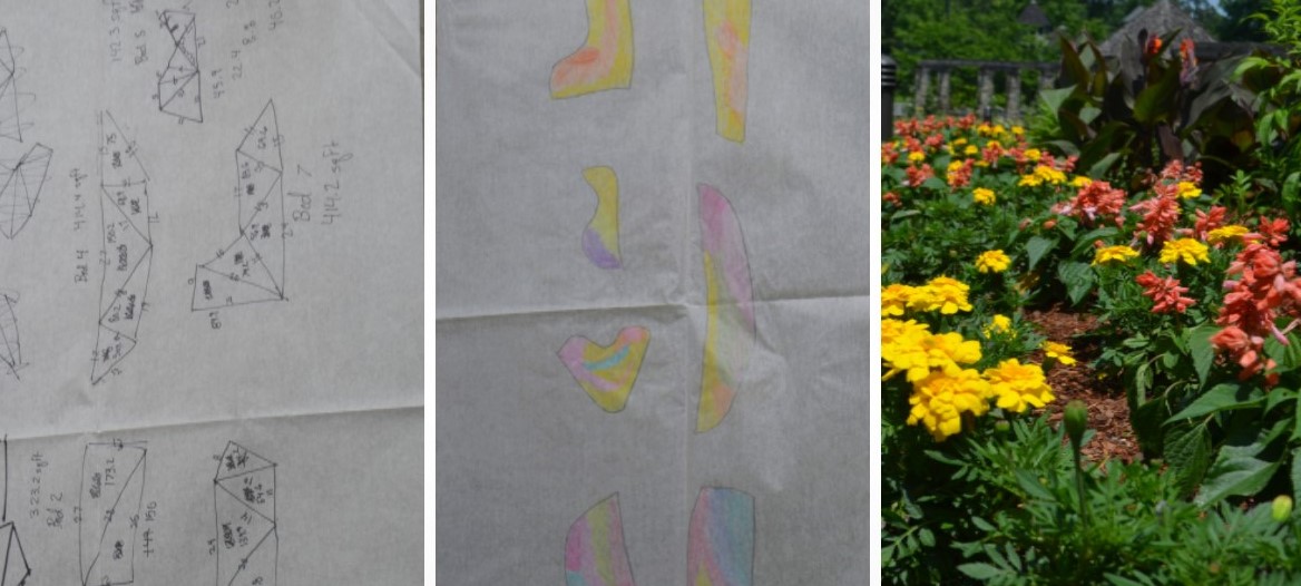 Three images are laid out in a row. The leftmost image is of hand-drawn shapes that represent the pollinator garden plots, with the angle sizes written within each one. The center image is of the same plots filled in with hand-sketched color, including orange, yellow, and pink. The rightmost image shows yellow and pink flowers in the finished pollinator garden outside.