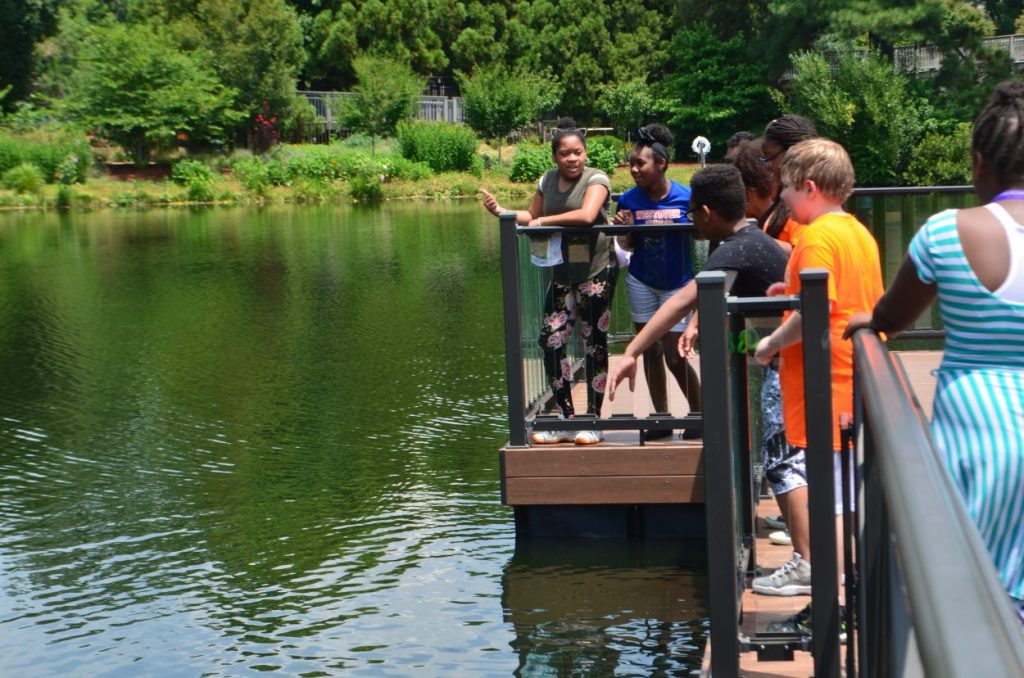 Image of a group of children looking over the edge of a railing into Lake Sydnor. Several of the children point at something in the water which is not visible from the image.