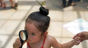 Girl looking for butterflies with magnifying glass with butterfly on her head. Image by Israel Ramirez