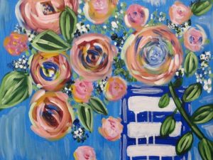 Laura Flourney pink flowers blue background