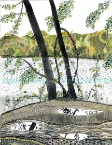 River Scene in doodle and watercolor by Liz Hambrick