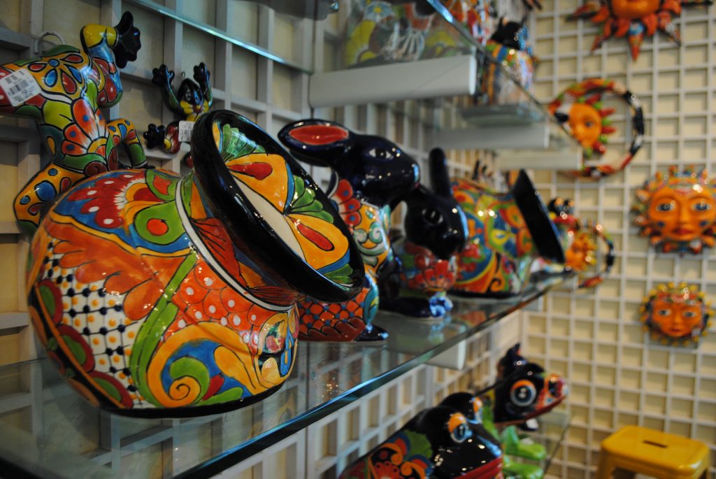 Talavera pottery hanging on the wall at the Garden Shop at Lewis Ginter