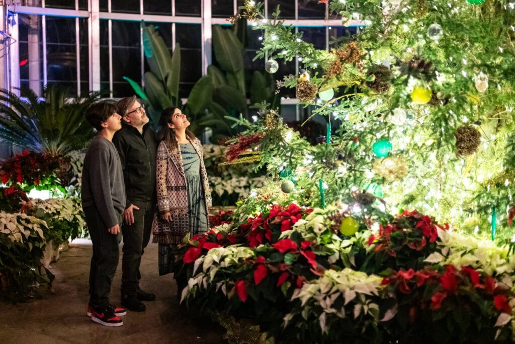 A family looks at the Christmas Tree at Lewis Ginter Botanical Garden